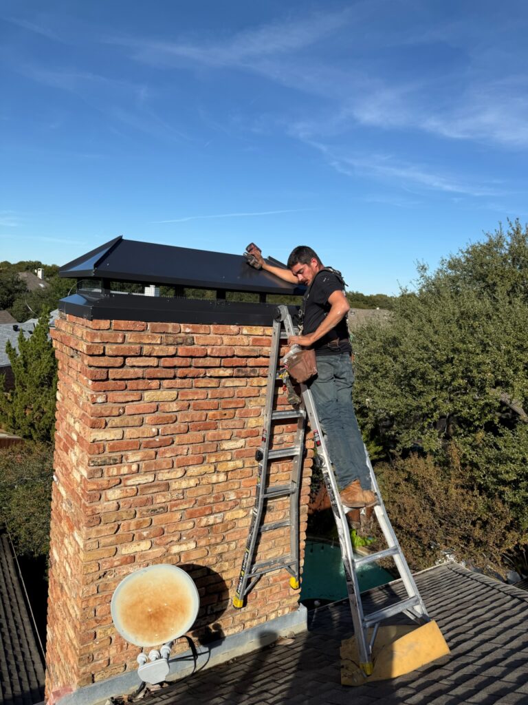 Chimney repair with a cap, bricks, and masonry repair in Dallas, Texas.