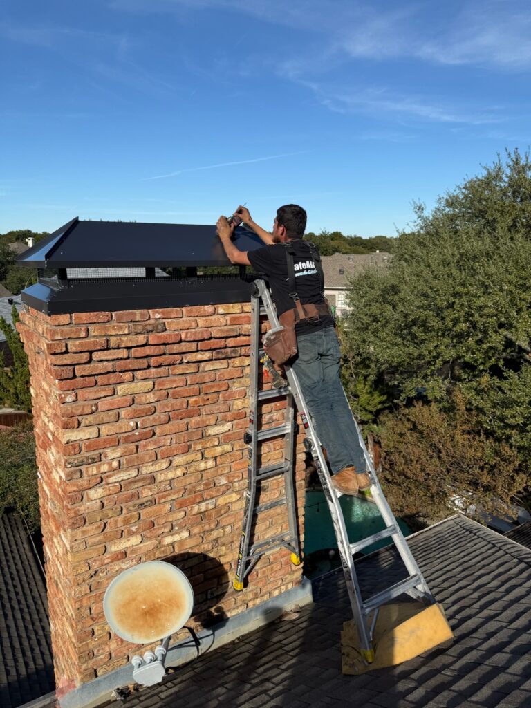 Chimney cap installation in Dallas, Texas, with professional masonry service for enhanced chimney durability.