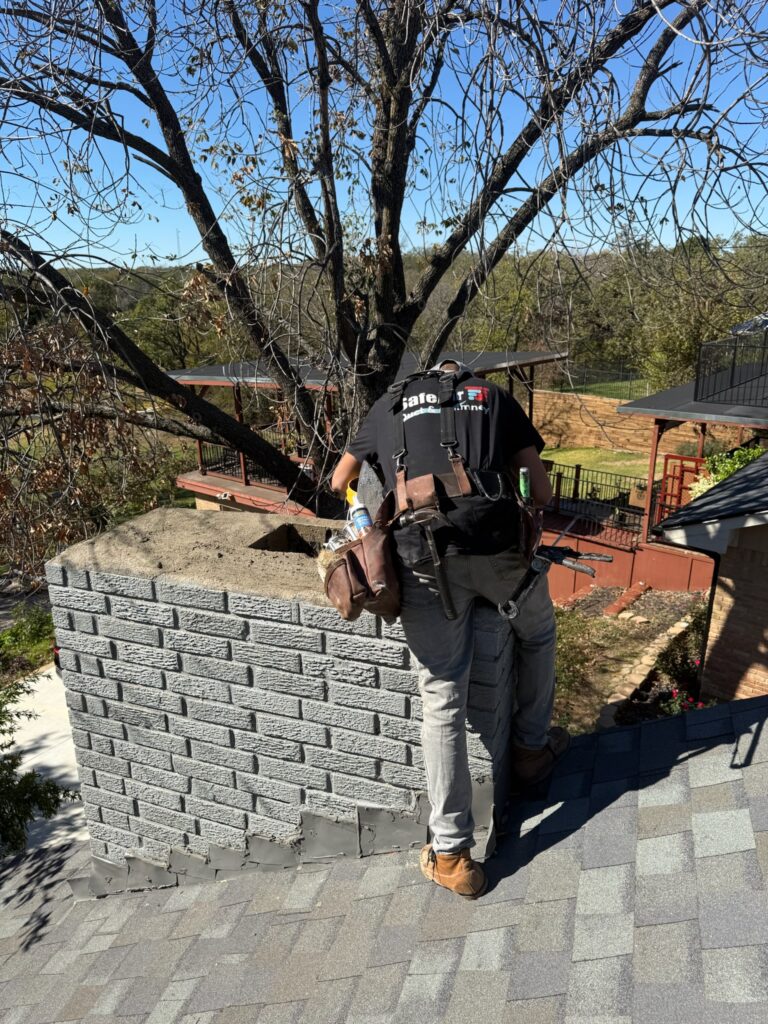 Damaged chimney receiving a crown repair by a professional chimney repair company in Arlington, TX, to prevent water damage and restore functionality.