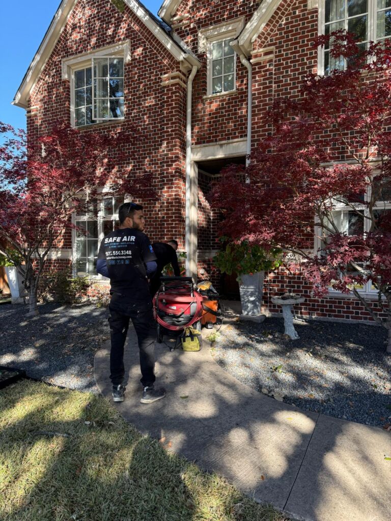 Chimney inspection for a red brick house in Dallas-Fort Worth, ensuring safety and efficiency.