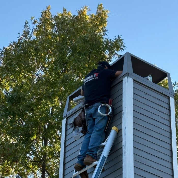 Chimney company installing a custom chimney cap in Richardson, Texas, for enhanced chimney protection.