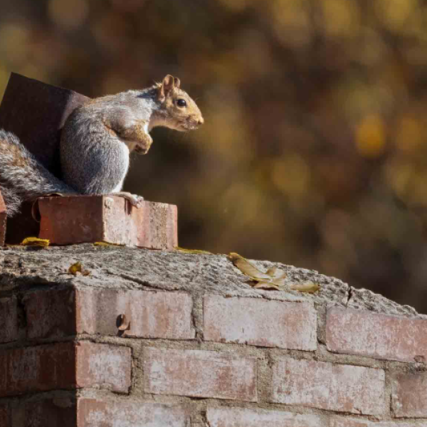 Squirrel on a chimney top without a cap in Irving, Texas, highlighting the need for chimney cap installation.