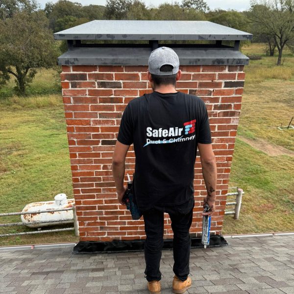 Red brick chimney with a custom cap in Irving, Texas, enhancing protection and durability.